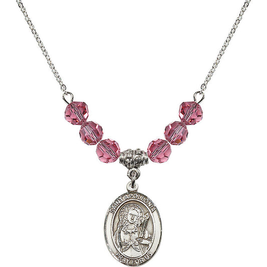 Sterling Silver Saint Apollonia Birthstone Necklace with Rose Beads - 8005