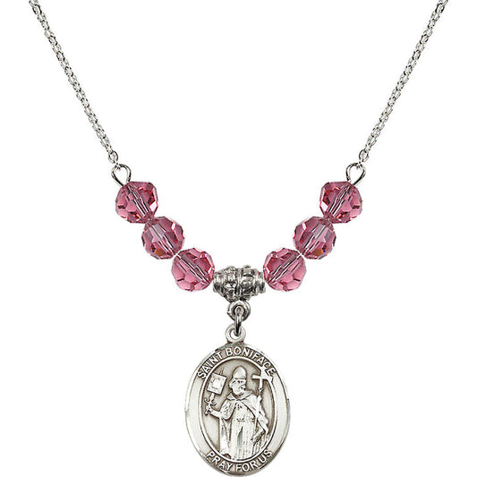 Sterling Silver Saint Boniface Birthstone Necklace with Rose Beads - 8009