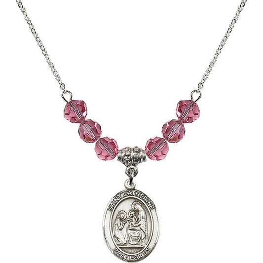 Sterling Silver Saint Catherine of Siena Birthstone Necklace with Rose Beads - 8014