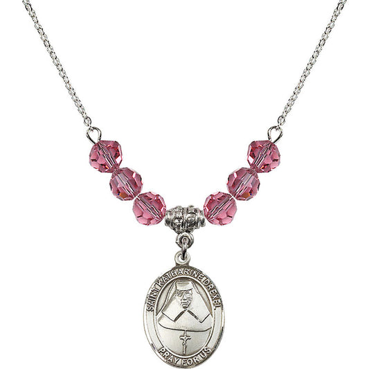 Sterling Silver Saint Katharine Drexel Birthstone Necklace with Rose Beads - 8015