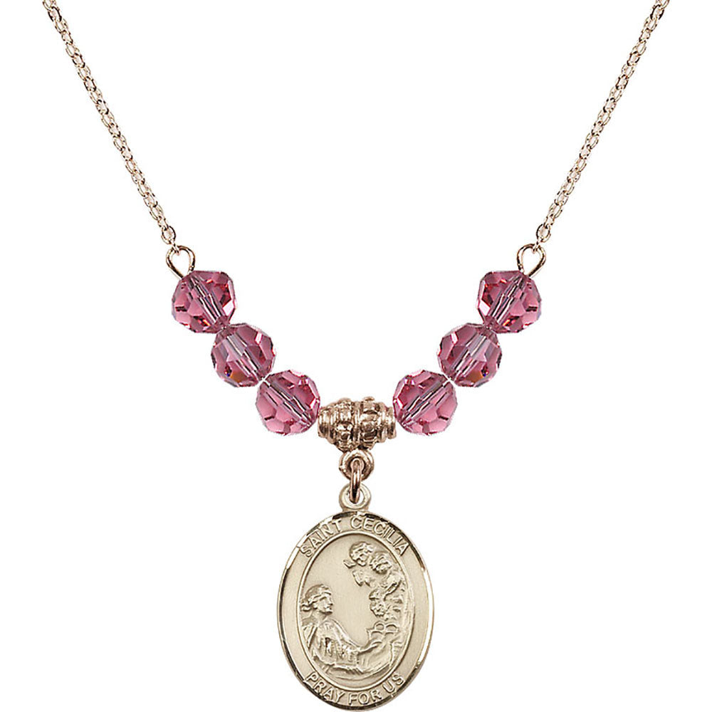 14kt Gold Filled Saint Cecilia Birthstone Necklace with Rose Beads - 8016