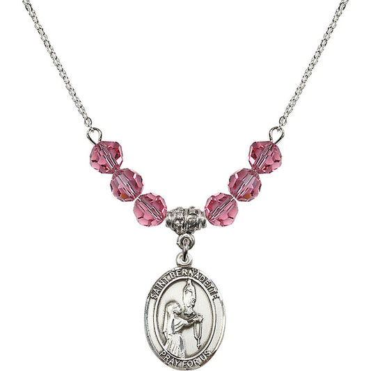 Sterling Silver Saint Bernadette Birthstone Necklace with Rose Beads - 8017