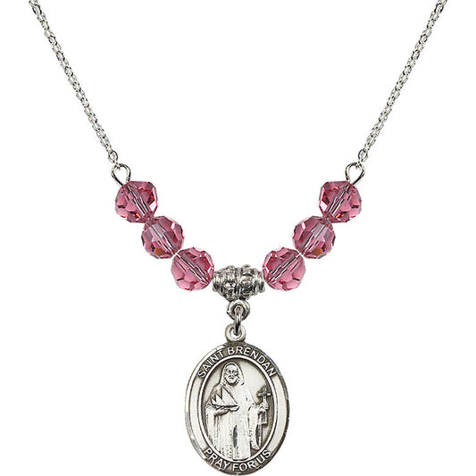 Sterling Silver Saint Brendan the Navigator Birthstone Necklace with Rose Beads - 8018