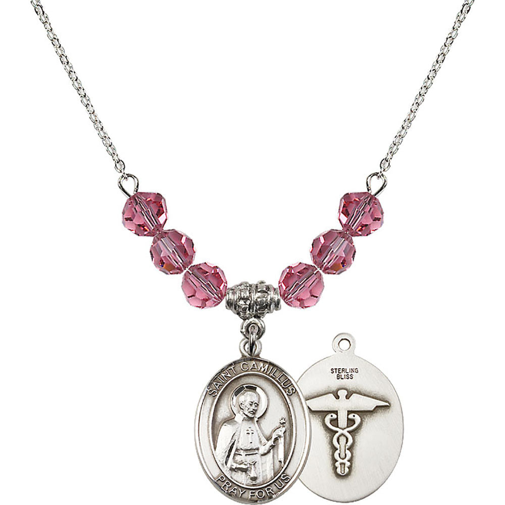 Sterling Silver Saint Camillus of Lellis / Nurse Birthstone Necklace with Rose Beads - 8019