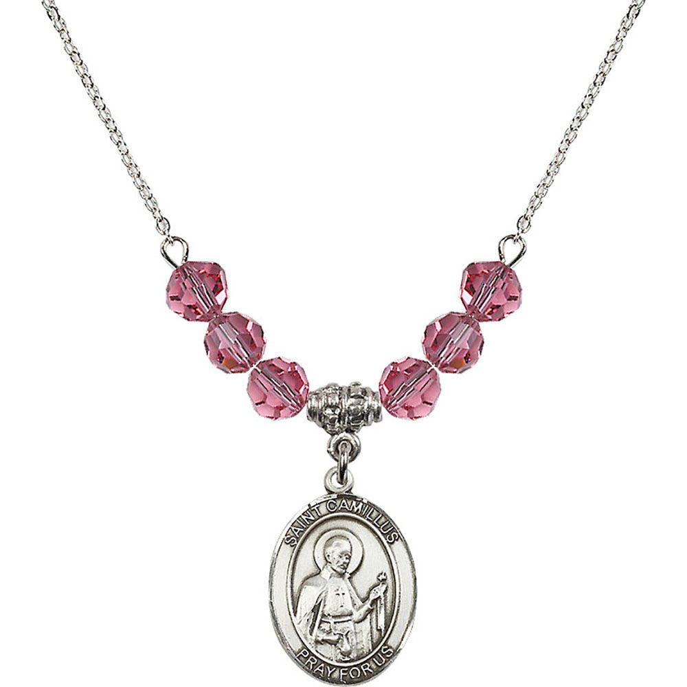 Sterling Silver Saint Camillus of Lellis Birthstone Necklace with Rose Beads - 8019