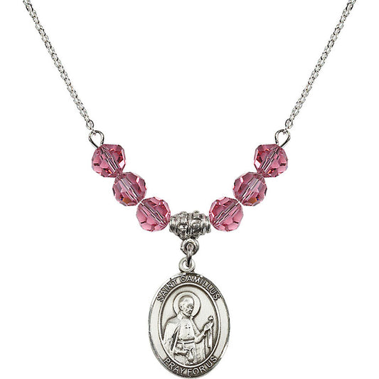 Sterling Silver Saint Camillus of Lellis Birthstone Necklace with Rose Beads - 8019