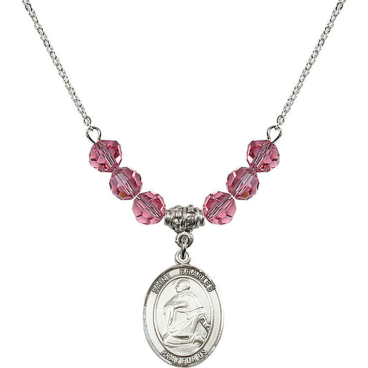 Sterling Silver Saint Charles Borromeo Birthstone Necklace with Rose Beads - 8020