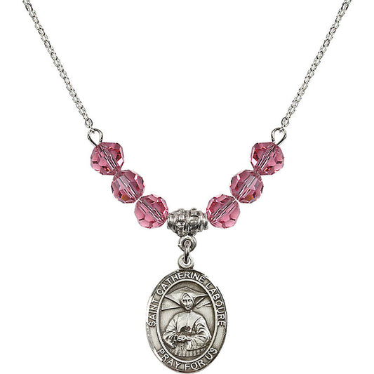 Sterling Silver Saint Catherine Laboure Birthstone Necklace with Rose Beads - 8021