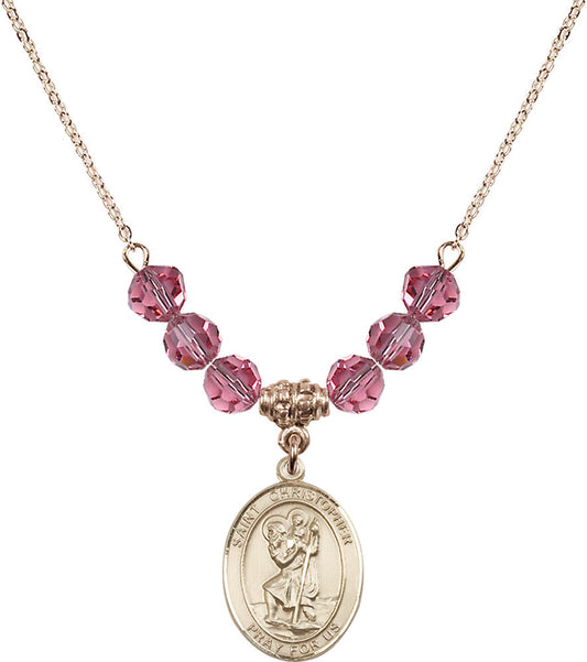 14kt Gold Filled Saint Christopher Birthstone Necklace with Rose Beads - 8022