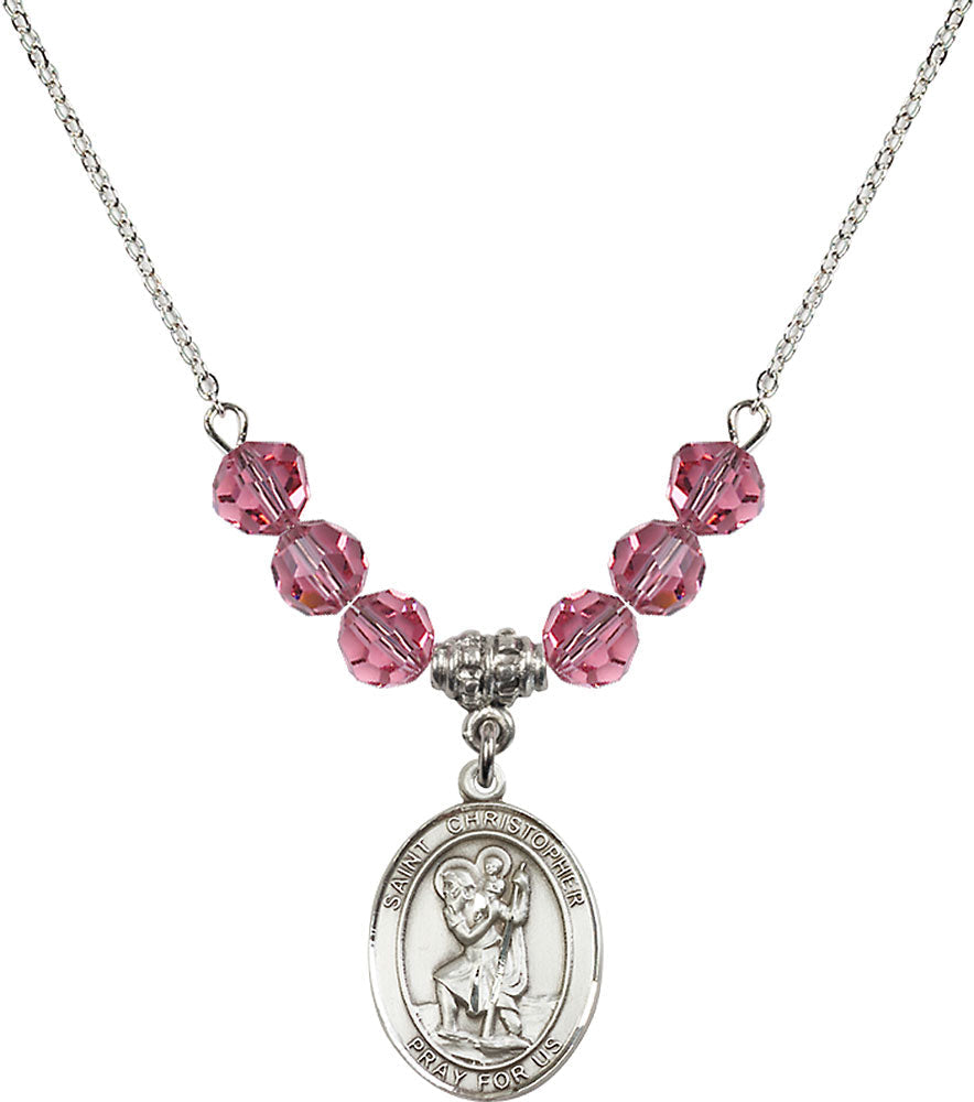 Sterling Silver Saint Christopher Birthstone Necklace with Rose Beads - 8022