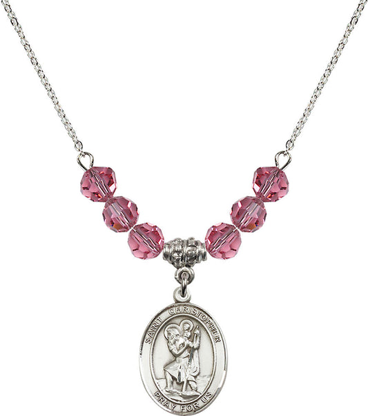 Sterling Silver Saint Christopher Birthstone Necklace with Rose Beads - 8022