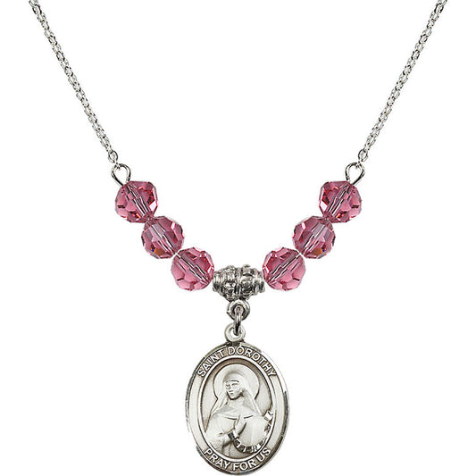 Sterling Silver Saint Dorothy Birthstone Necklace with Rose Beads - 8023