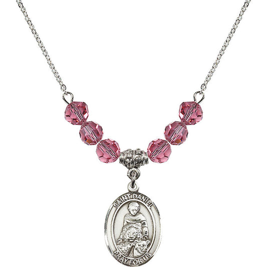 Sterling Silver Saint Daniel Birthstone Necklace with Rose Beads - 8024