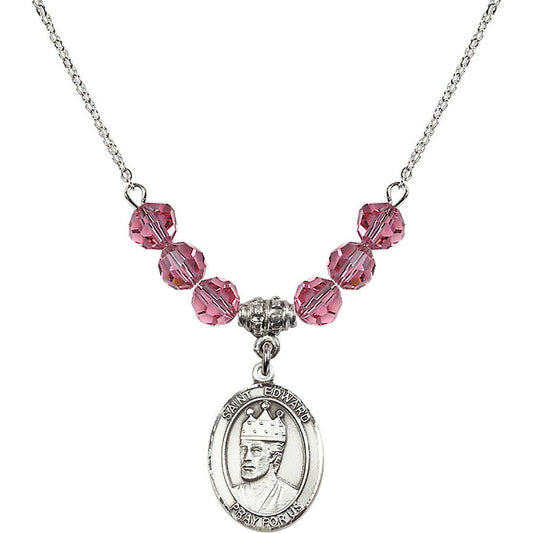 Sterling Silver Saint Edward the Confessor Birthstone Necklace with Rose Beads - 8026