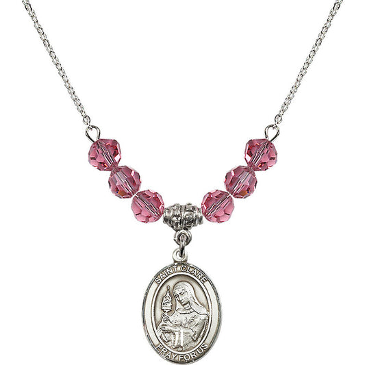 Sterling Silver Saint Clare of Assisi Birthstone Necklace with Rose Beads - 8028