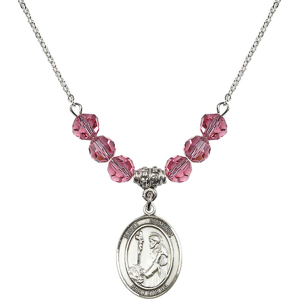 Sterling Silver Saint Dominic de Guzman Birthstone Necklace with Rose Beads - 8030