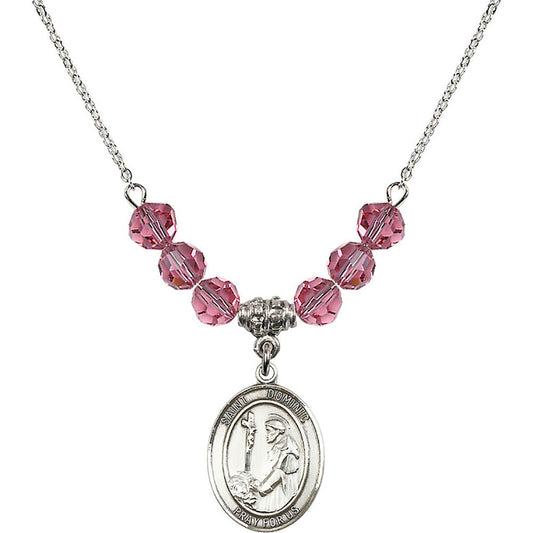 Sterling Silver Saint Dominic de Guzman Birthstone Necklace with Rose Beads - 8030