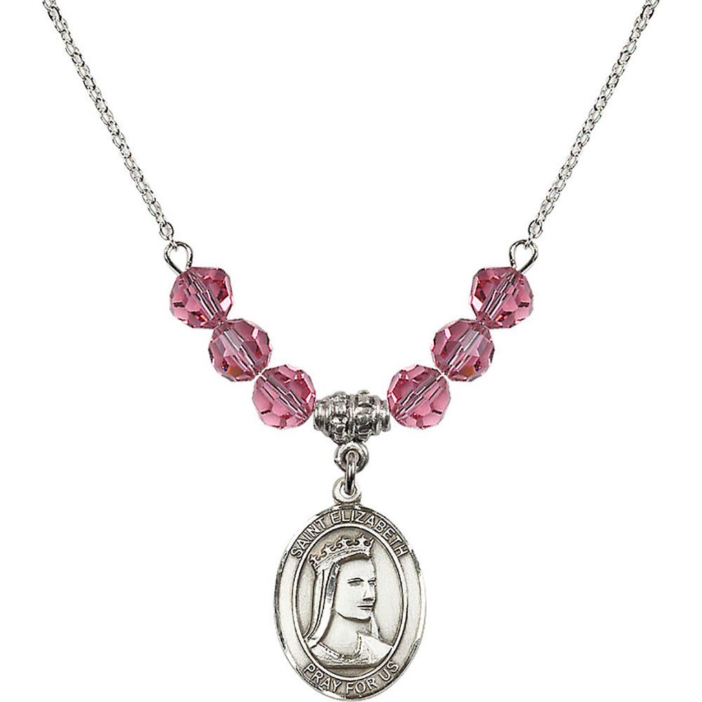Sterling Silver Saint Elizabeth of Hungary Birthstone Necklace with Rose Beads - 8033