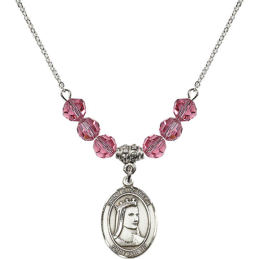 Sterling Silver Saint Elizabeth of Hungary Birthstone Necklace with Rose Beads - 8033