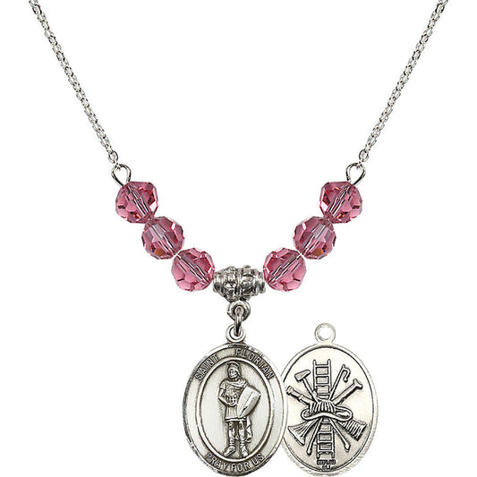 Sterling Silver Saint Florian/Firefighter Birthstone Necklace with Rose Beads - 8034