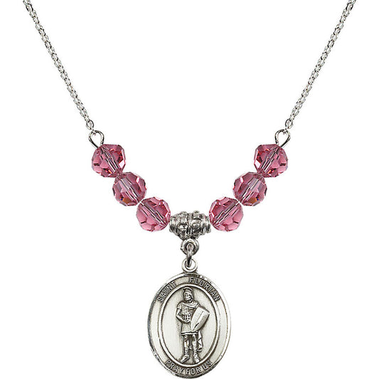 Sterling Silver Saint Florian Birthstone Necklace with Rose Beads - 8034
