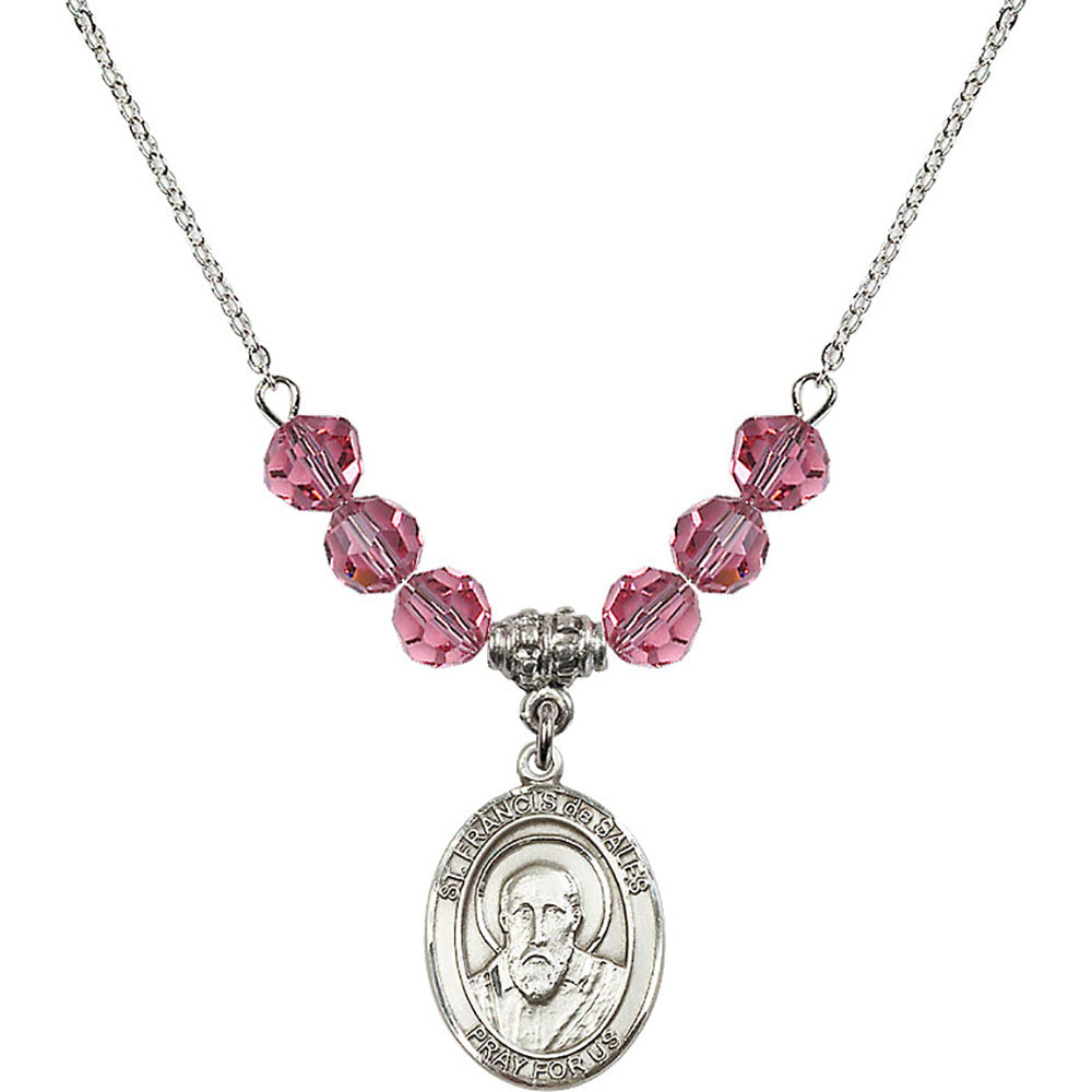 Sterling Silver Saint Francis de Sales Birthstone Necklace with Rose Beads - 8035