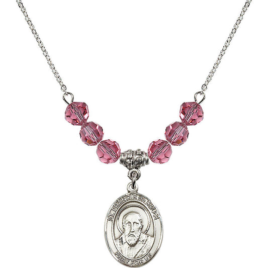 Sterling Silver Saint Francis de Sales Birthstone Necklace with Rose Beads - 8035