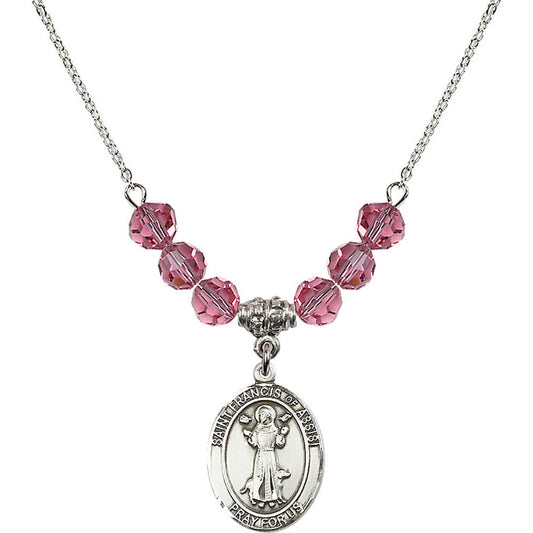 Sterling Silver Saint Francis of Assisi Birthstone Necklace with Rose Beads - 8036