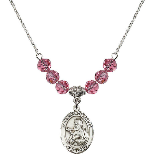 Sterling Silver Saint Francis Xavier Birthstone Necklace with Rose Beads - 8037