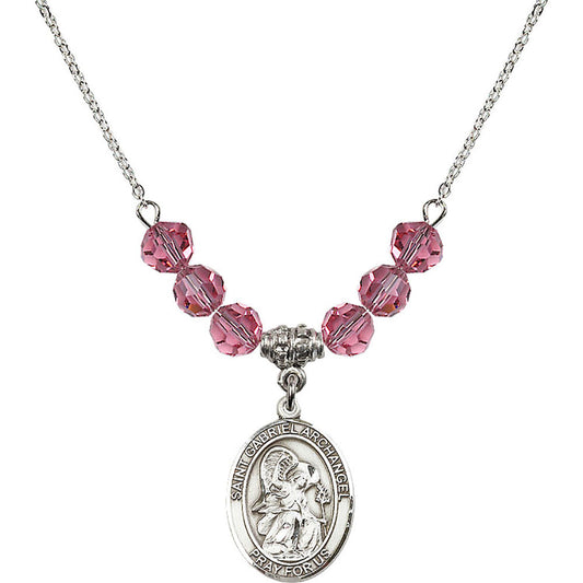 Sterling Silver Saint Gabriel the Archangel Birthstone Necklace with Rose Beads - 8039