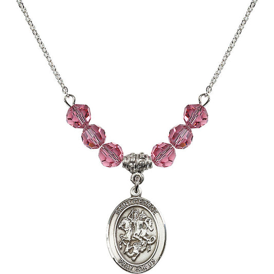 Sterling Silver Saint George Birthstone Necklace with Rose Beads - 8040