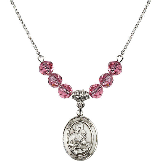 Sterling Silver Saint Gerard Majella Birthstone Necklace with Rose Beads - 8042