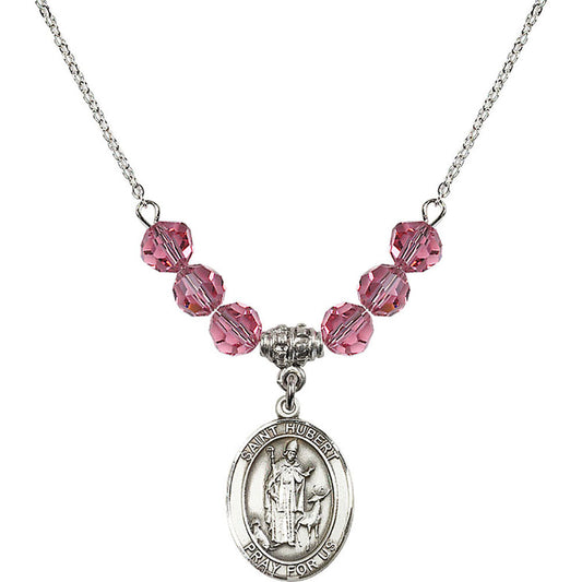 Sterling Silver Saint Hubert of Liege Birthstone Necklace with Rose Beads - 8045
