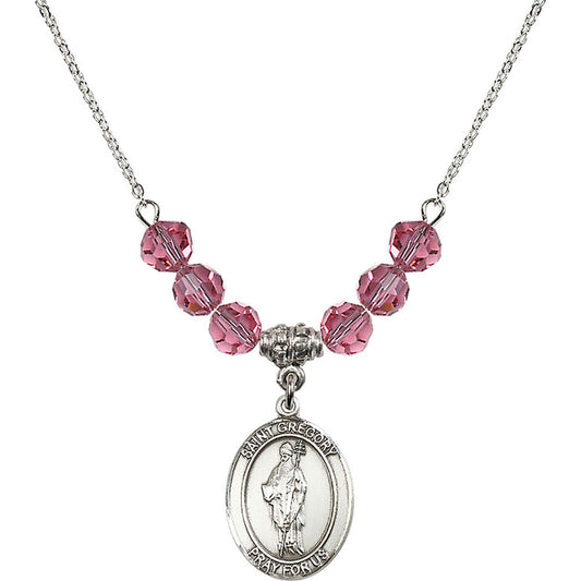 Sterling Silver Saint Gregory the Great Birthstone Necklace with Rose Beads - 8048