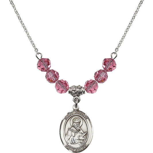 Sterling Silver Saint Isidore of Seville Birthstone Necklace with Rose Beads - 8049