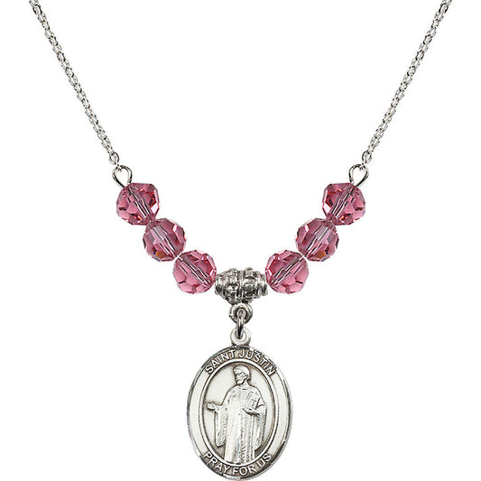 Sterling Silver Saint Justin Birthstone Necklace with Rose Beads - 8052