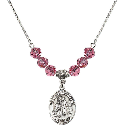 Sterling Silver Saint John the Baptist Birthstone Necklace with Rose Beads - 8054