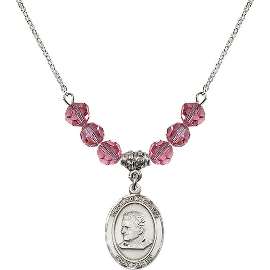 Sterling Silver Saint John Bosco Birthstone Necklace with Rose Beads - 8055