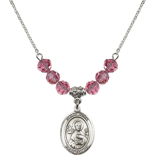 Sterling Silver Saint John the Apostle Birthstone Necklace with Rose Beads - 8056