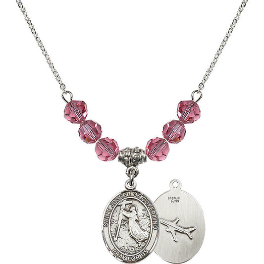 Sterling Silver Saint Joseph of Cupertino Birthstone Necklace with Rose Beads - 8057