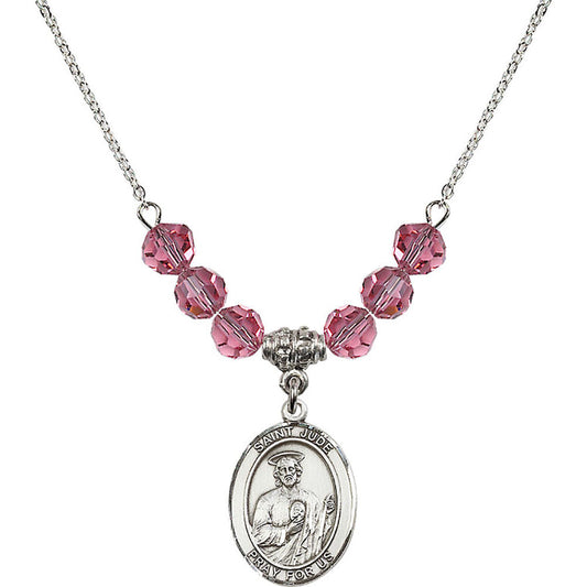 Sterling Silver Saint Jude Thaddeus Birthstone Necklace with Rose Beads - 8060