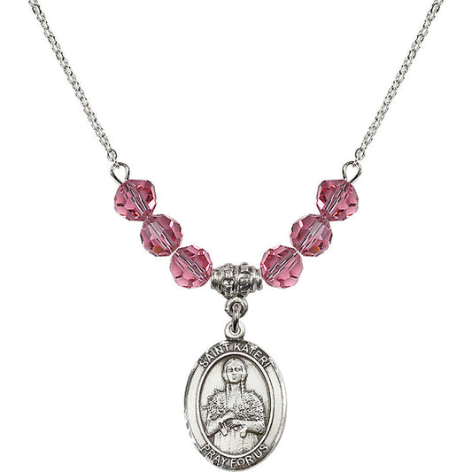 Sterling Silver Saint Kateri Tekakwitha Birthstone Necklace with Rose Beads - 8061