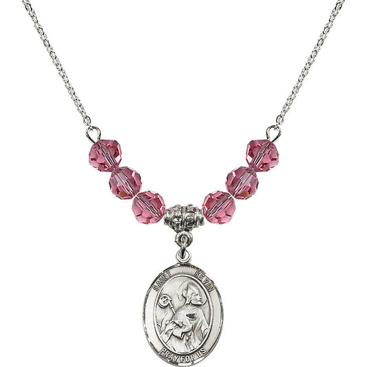 Sterling Silver Saint Kevin Birthstone Necklace with Rose Beads - 8062