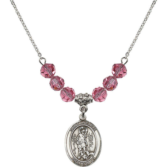 Sterling Silver Saint Lazarus Birthstone Necklace with Rose Beads - 8066