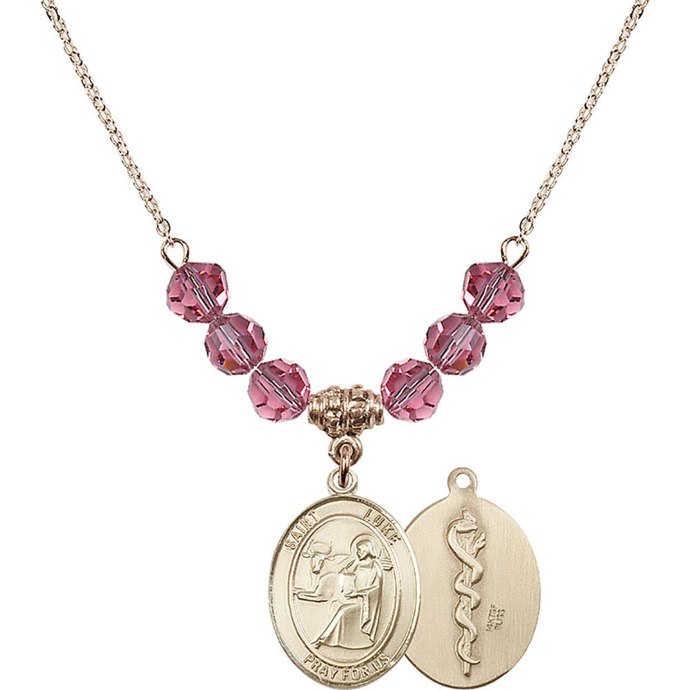 14kt Gold Filled Saint Luke the Apostle / Doctor Birthstone Necklace with Rose Beads - 8068
