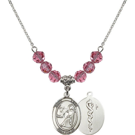 Sterling Silver Saint Luke the Apostle / Doctor Birthstone Necklace with Rose Beads - 8068