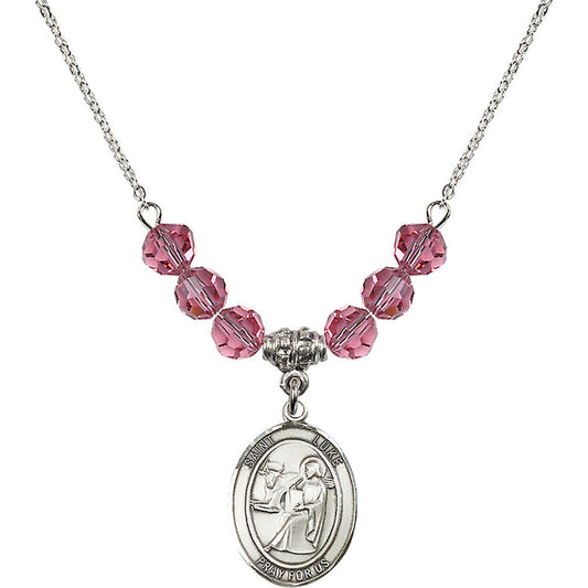 Sterling Silver Saint Luke the Apostle Birthstone Necklace with Rose Beads - 8068