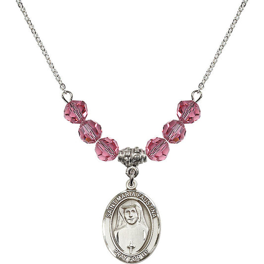 Sterling Silver Saint Maria Faustina Birthstone Necklace with Rose Beads - 8069