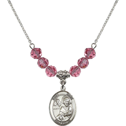 Sterling Silver Saint Mark the Evangelist Birthstone Necklace with Rose Beads - 8070