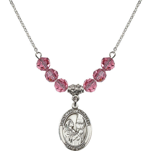 Sterling Silver Saint Mary Magdalene Birthstone Necklace with Rose Beads - 8071